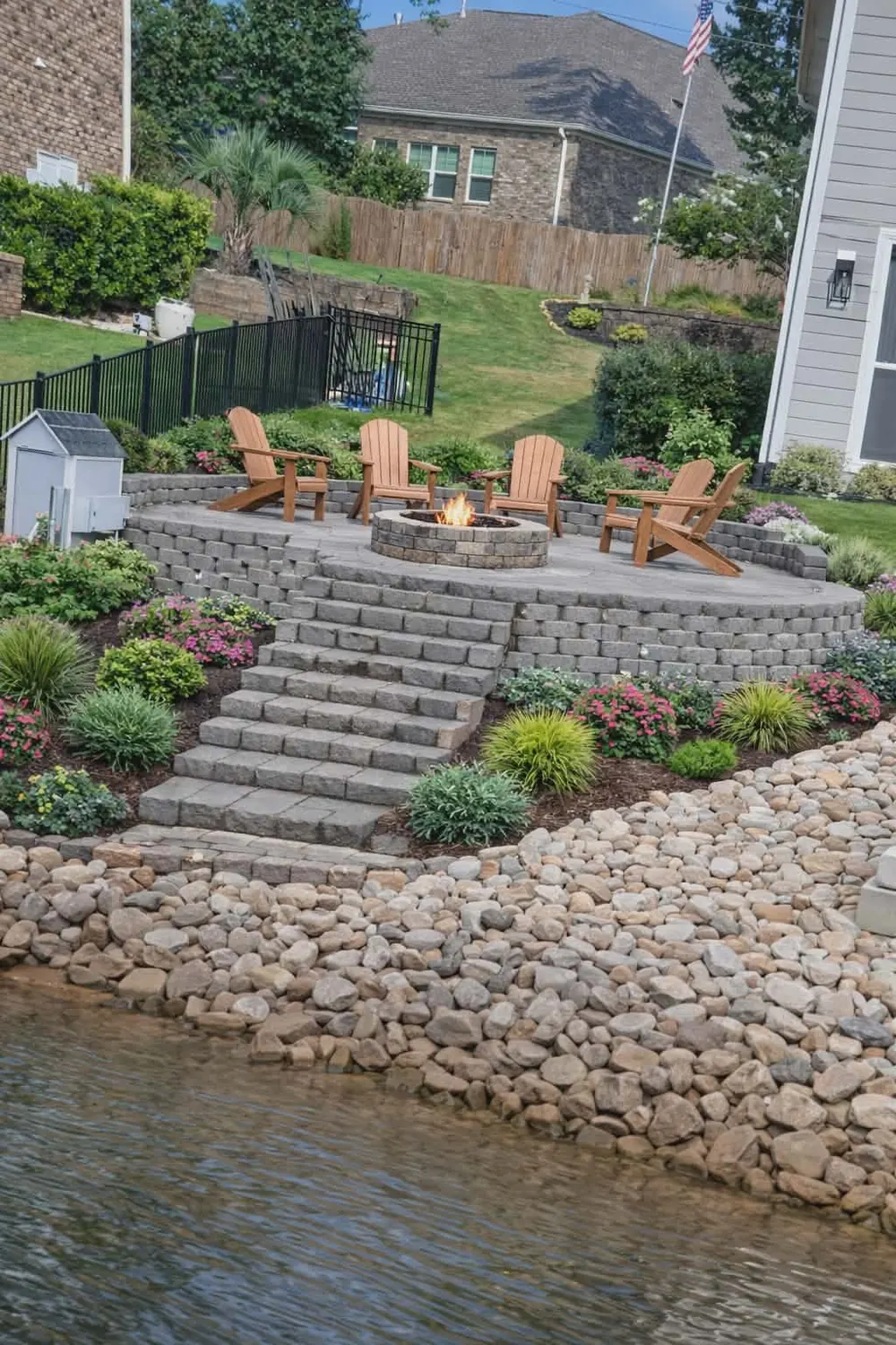 Lakeside fire pit patio with stone steps and riprap shoreline