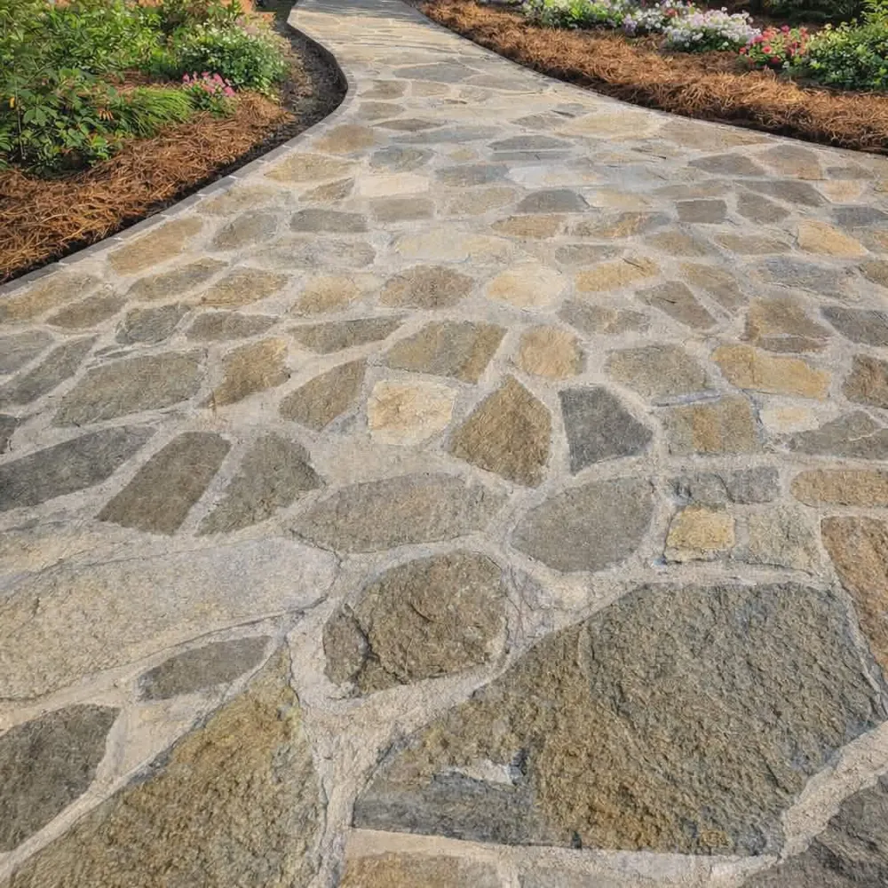 Natural flagstone walkway lined with fresh mulch beds