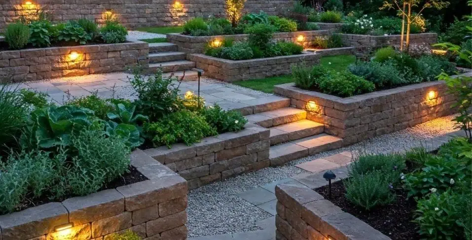 Retaining wall steps with under-cap lighting and raised garden beds
