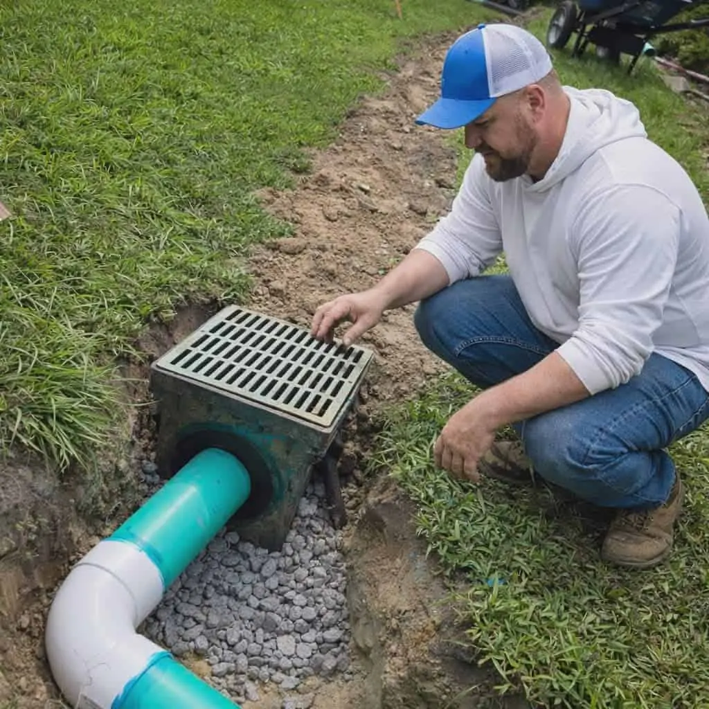 H2Os crew member installing a catch basin and drain pipe in a yard