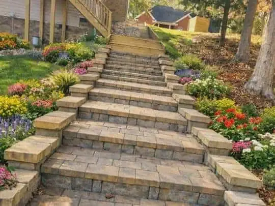 After: paver steps with retaining walls and colorful plantings on a slope